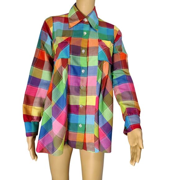 1970s Maternity Sears Rainbow Pleated Button Up Long Sleeve Shirt Size 7/8 - Picture 5 of 8